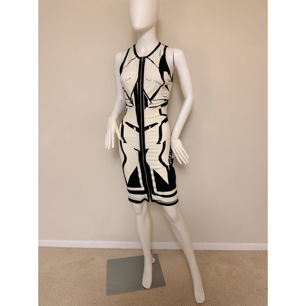 Roberto Cavalli White Black Abstract Print Front Zip Sleeveless Bodycon Dress S‎